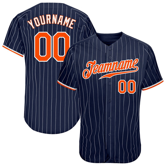 Custom Navy White Pinstripe Orange-White Authentic Baseball Jersey - Main View