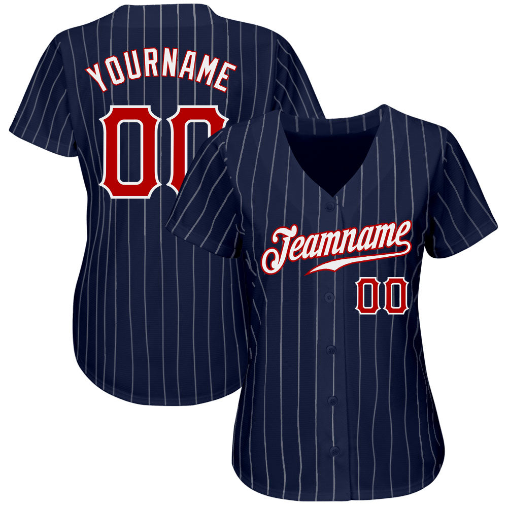 Custom Navy White Pinstripe Red-White Authentic Baseball Jersey view 2
