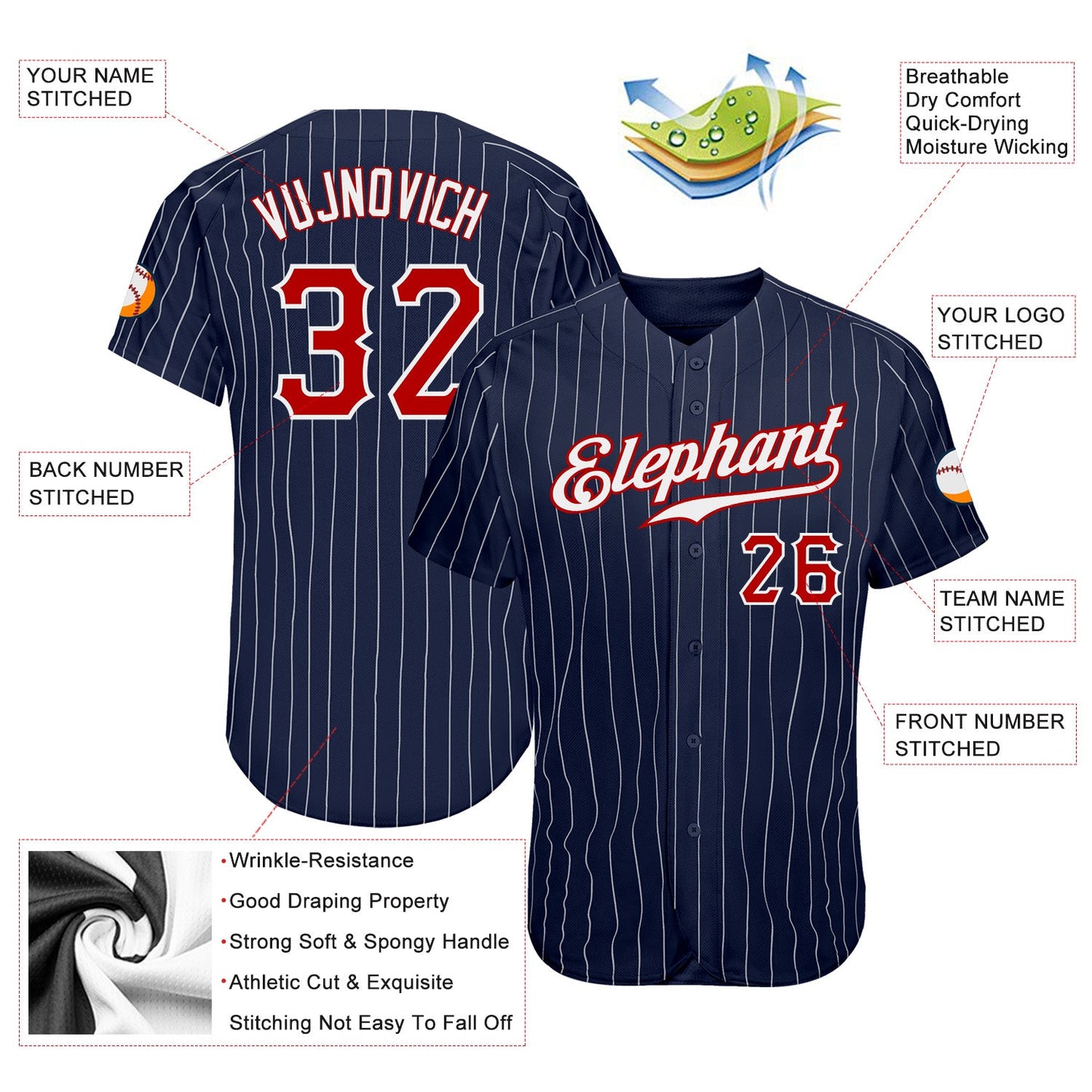 Custom Navy White Pinstripe Red-White Authentic Baseball Jersey view 3