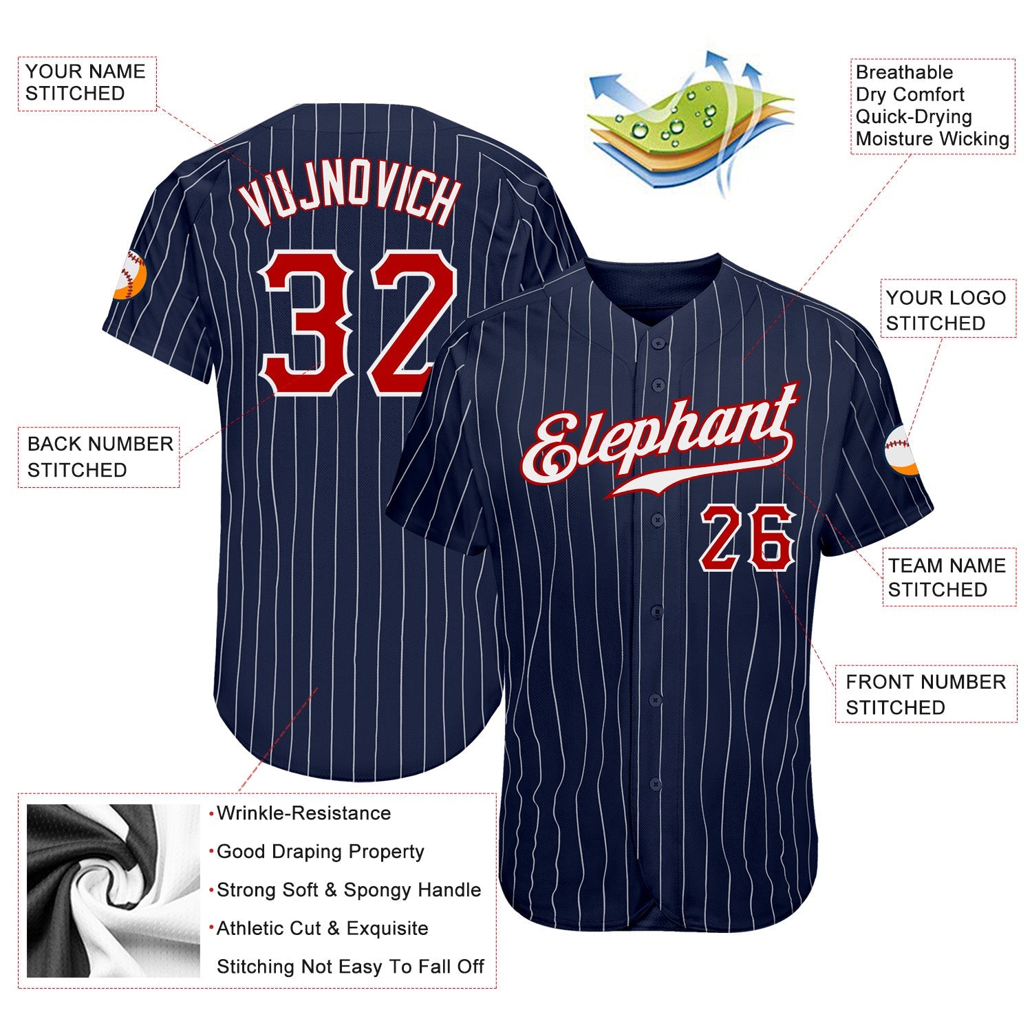 Custom Navy White Pinstripe Red-White Authentic Baseball Jersey view 3