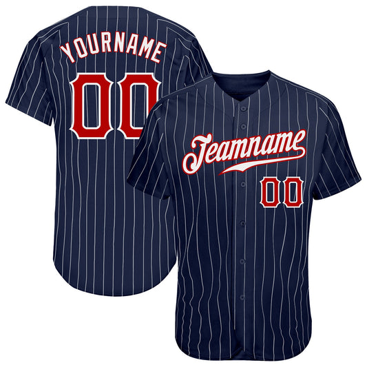 Custom Navy White Pinstripe Red-White Authentic Baseball Jersey - Main View