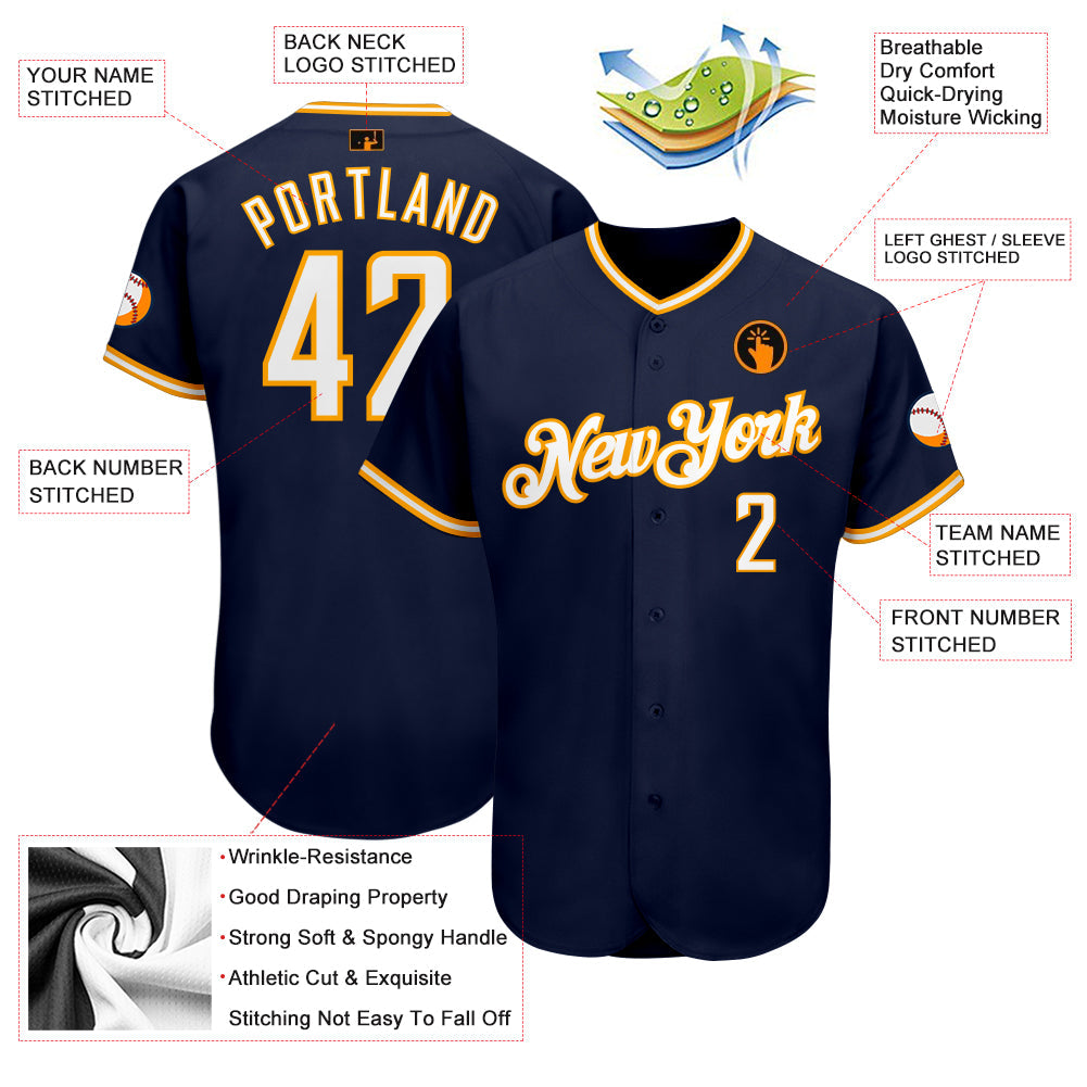 Custom Navy White-Gold Authentic Baseball Jersey view 3
