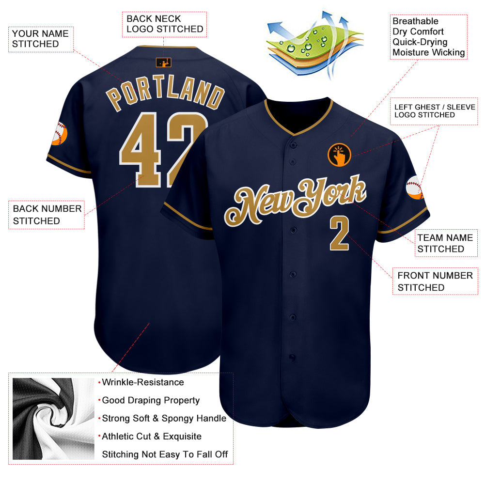 Custom Navy Old Gold-White Authentic Baseball Jersey view 3