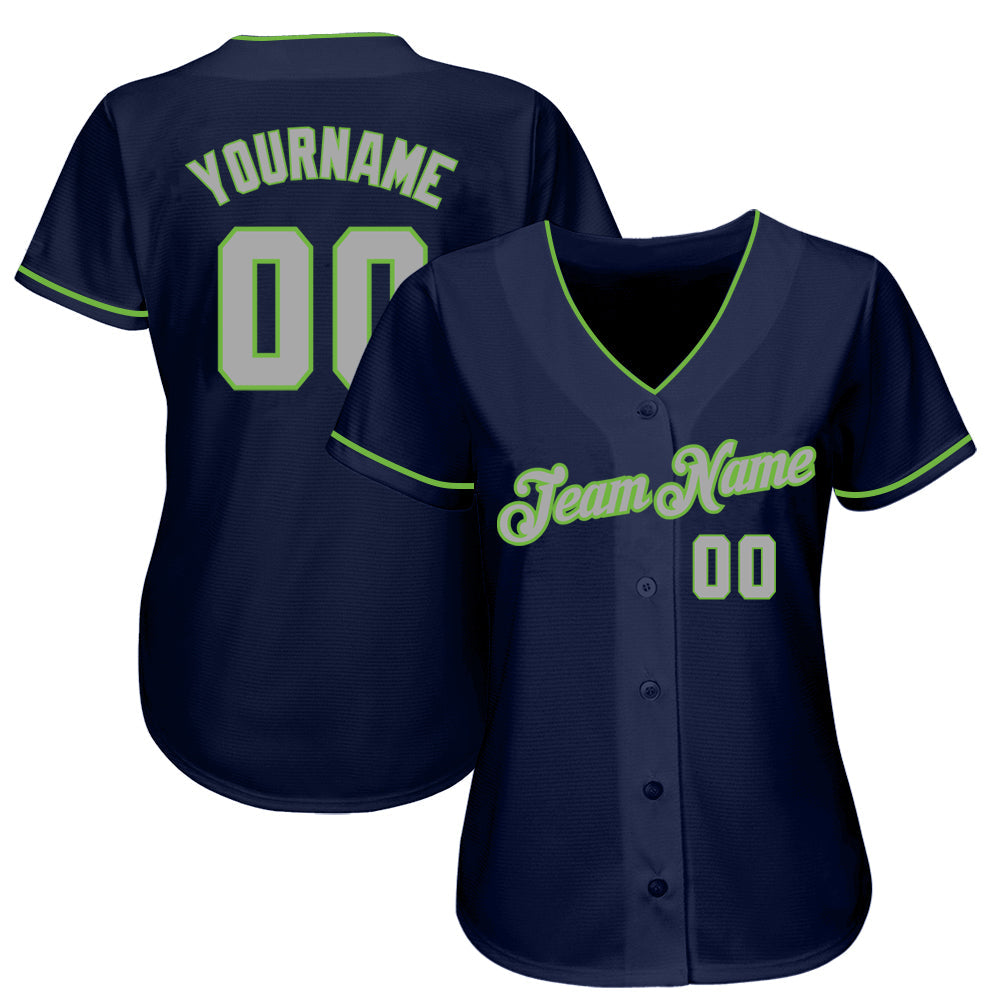 Custom Navy Gray-Neon Green Authentic Baseball Jersey Jersey view 2