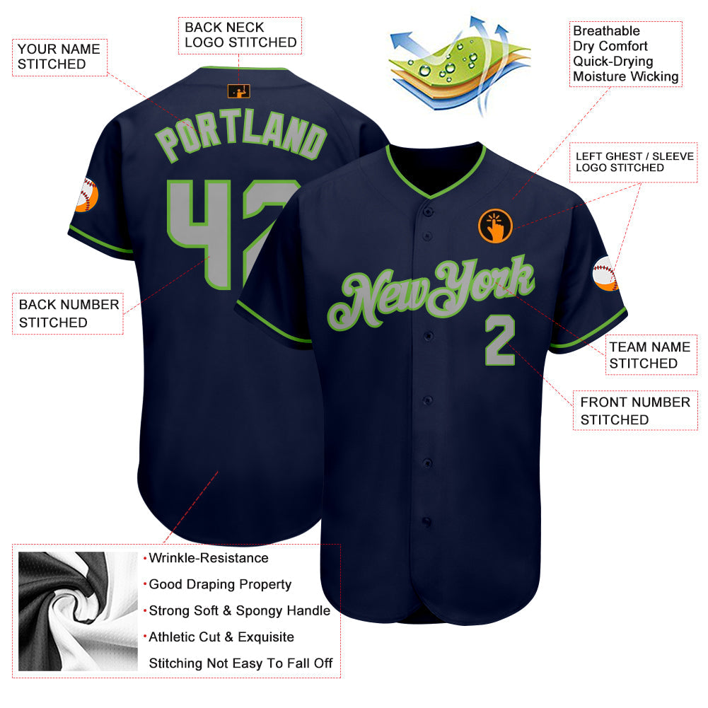 Custom Navy Gray-Neon Green Authentic Baseball Jersey Jersey view 3