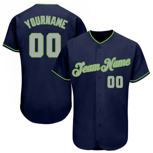 Custom Navy Gray-Neon Green Authentic Baseball Jersey Jersey - Main View