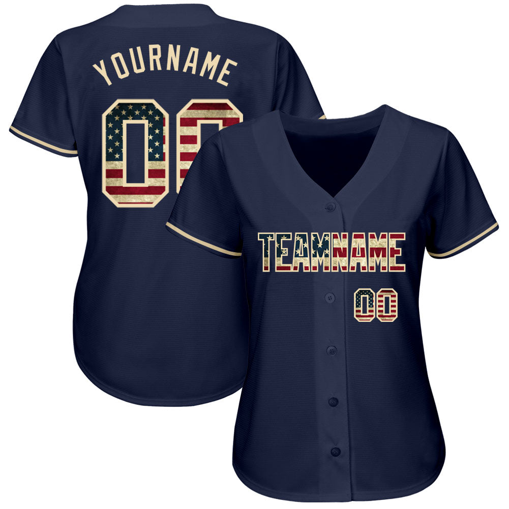 Custom Navy Vintage USA Flag-Cream Authentic Baseball Jersey view 2