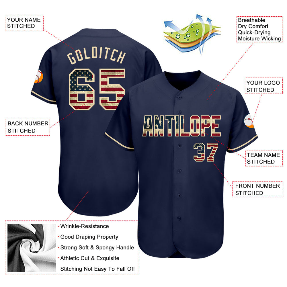Custom Navy Vintage USA Flag-Cream Authentic Baseball Jersey view 3