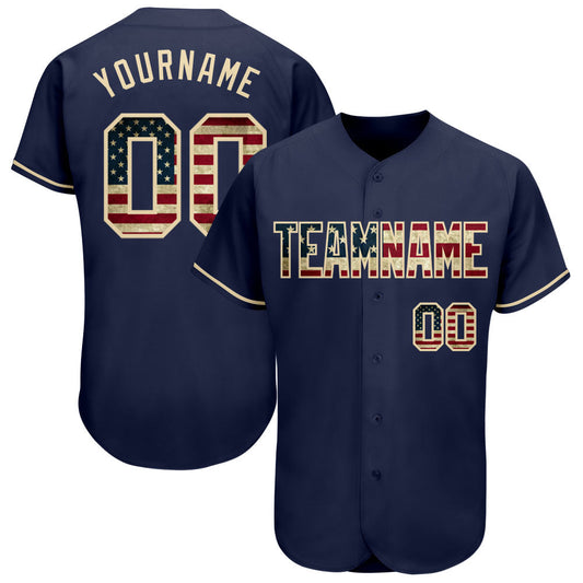 Custom Navy Vintage USA Flag-Cream Authentic Baseball Jersey - Main View