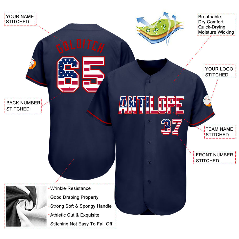 Custom Navy USA Flag-Red Authentic Baseball Jersey view 3