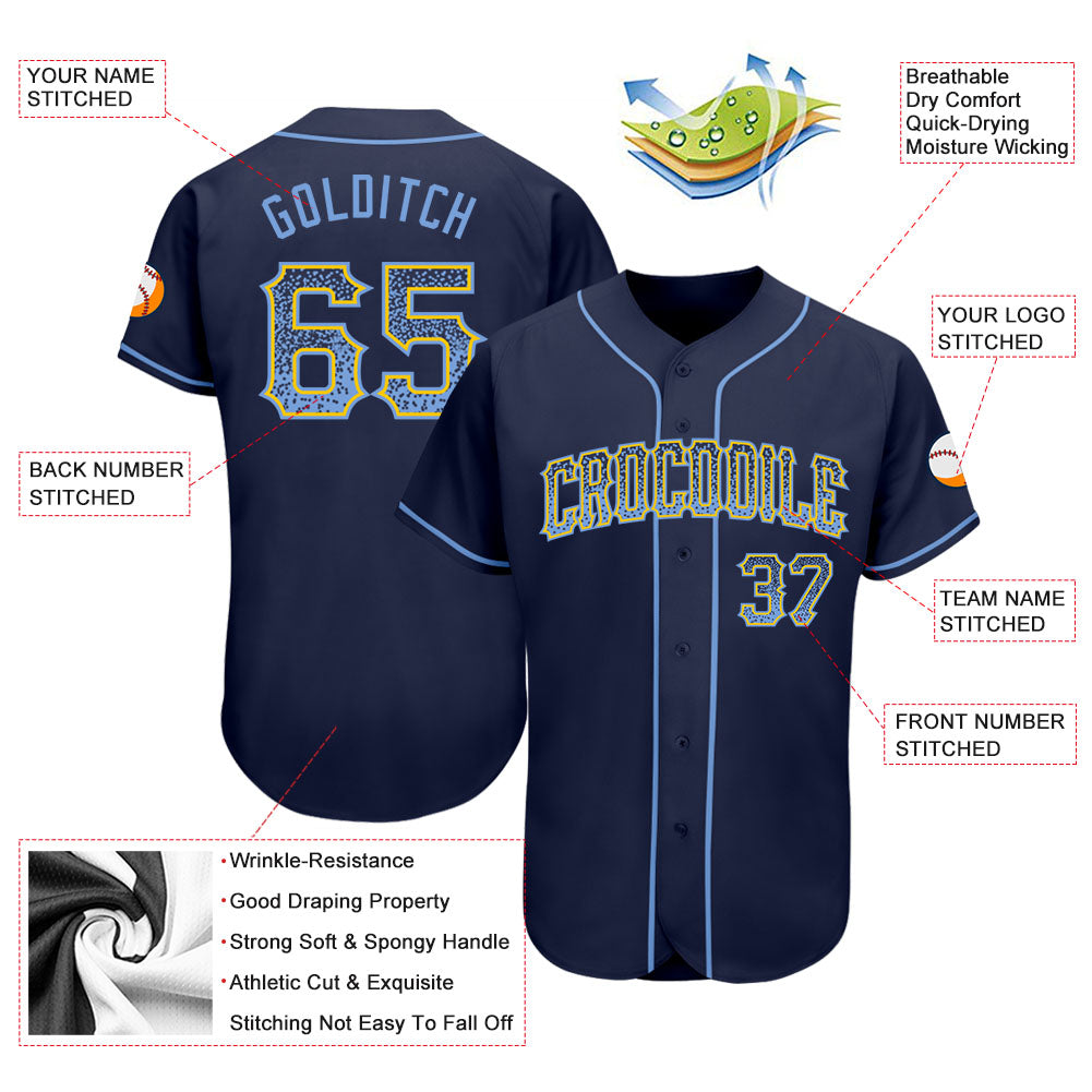 Custom Navy Light Blue-Gold Authentic Drift Fashion Baseball Jersey view 3