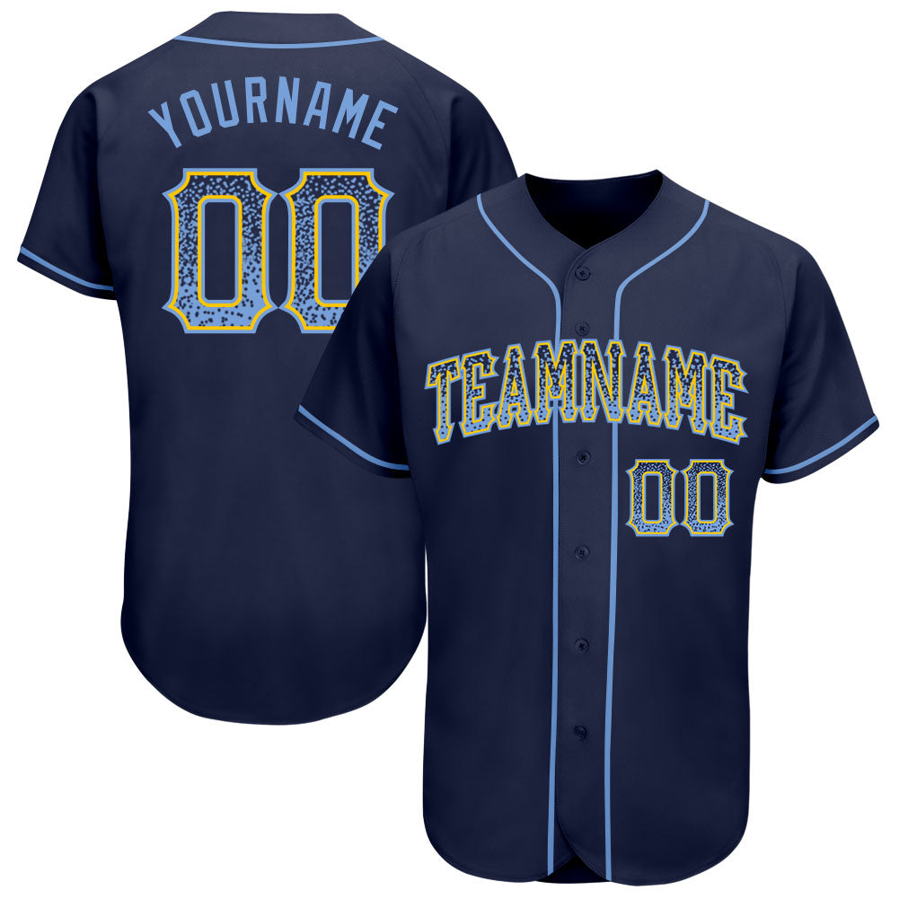 Custom Navy Light Blue-Gold Authentic Drift Fashion Baseball Jersey - Main View