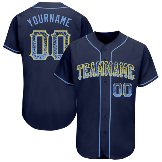 Custom Navy Light Blue-Gold Authentic Drift Fashion Baseball Jersey - Main View