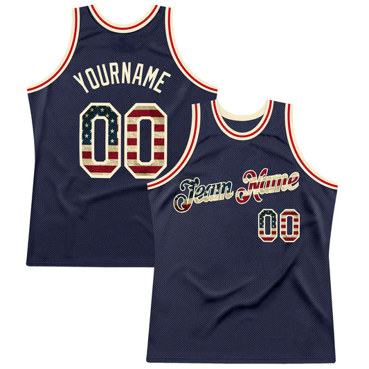 Custom Navy Vintage USA Flag-Cream Authentic Throwback Basketball Jersey - Main View