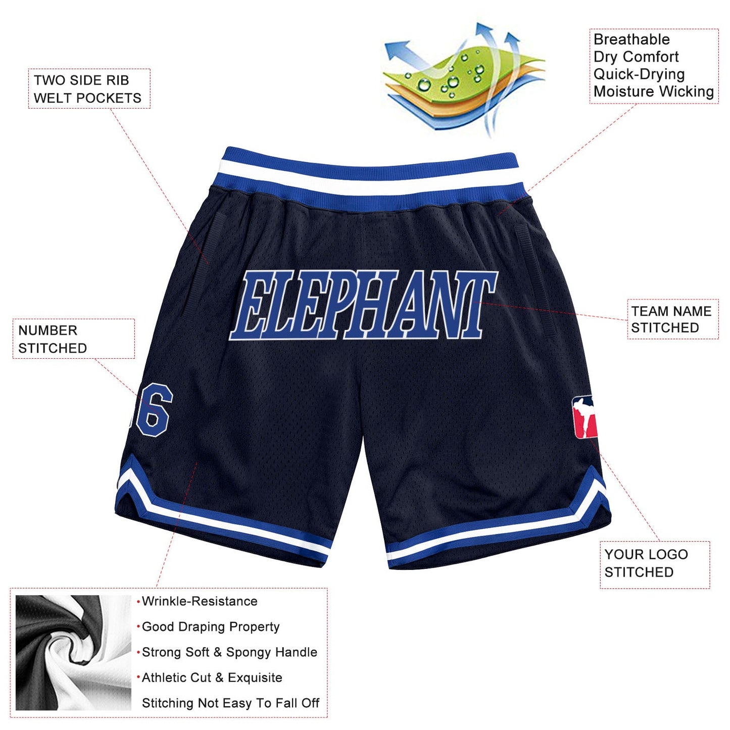 Custom Navy Royal-White Authentic Throwback Basketball Shorts view 2