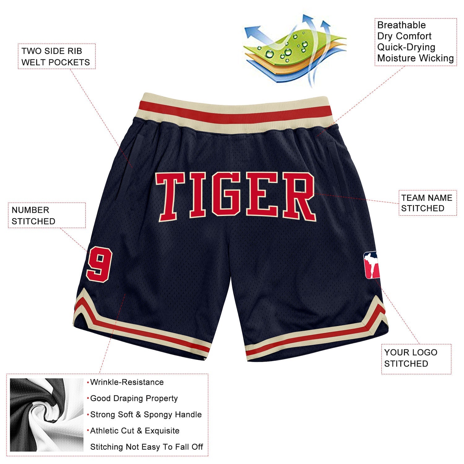 Custom Navy Red-Cream Authentic Throwback Basketball Shorts view 2