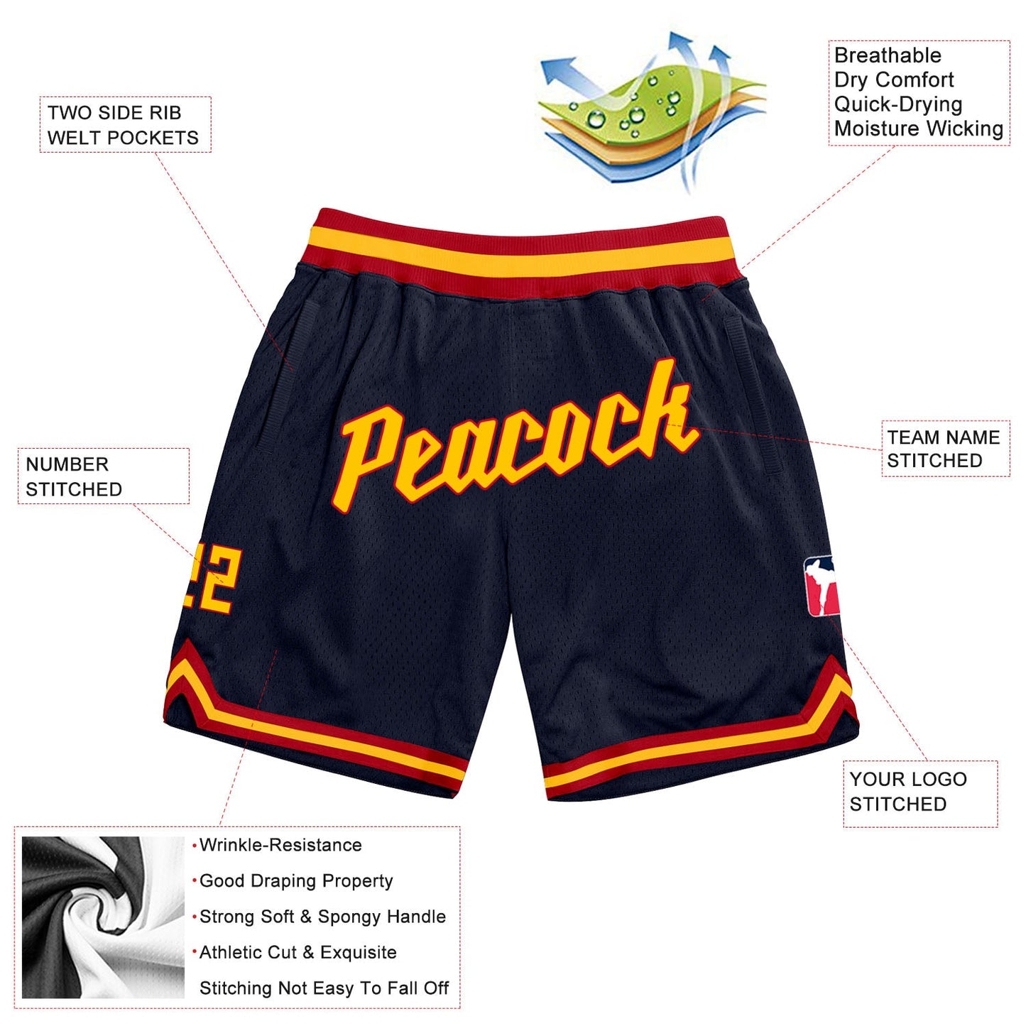 Custom Navy Gold-Red Authentic Throwback Basketball Shorts view 2