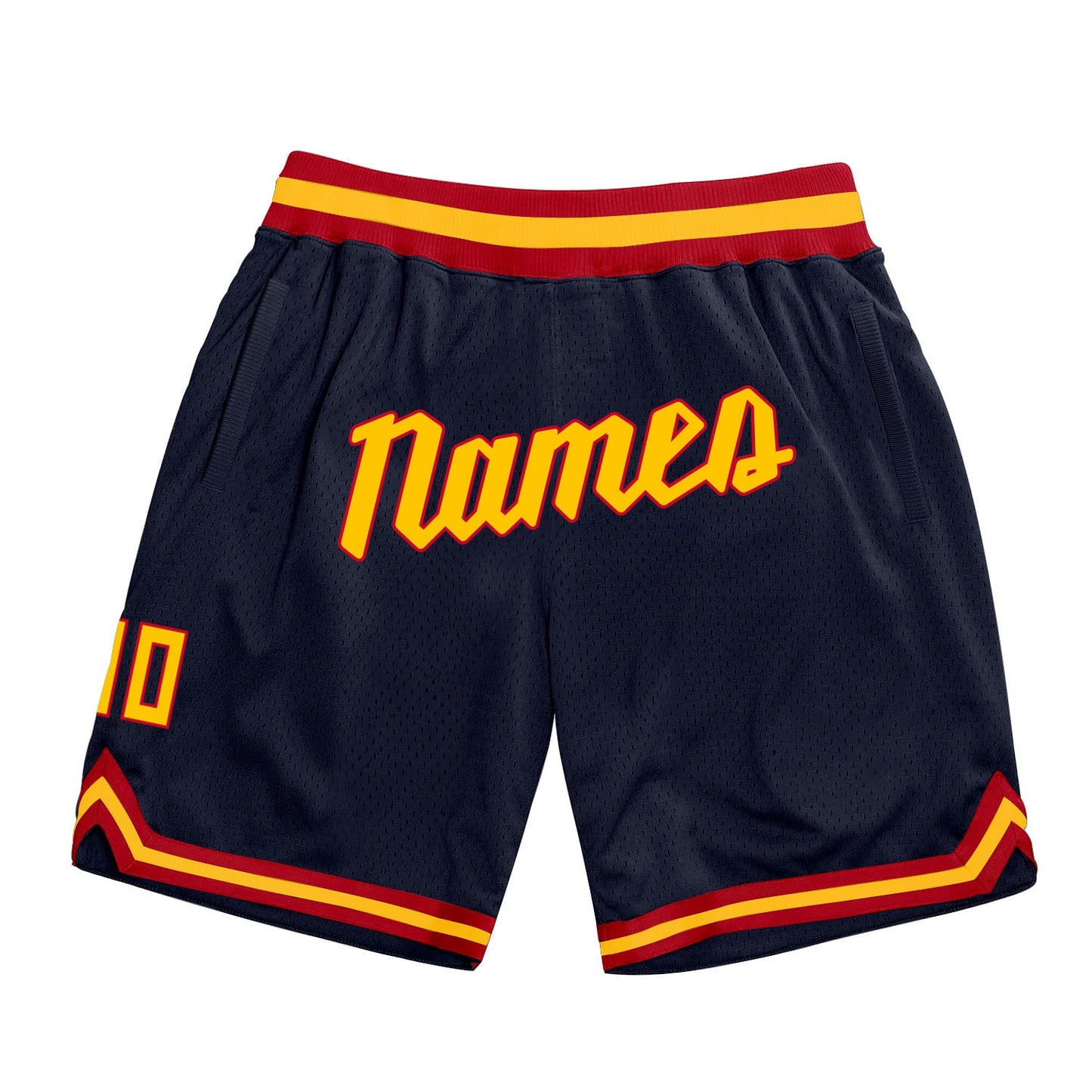 Custom Navy Gold-Red Authentic Throwback Basketball Shorts - Main View
