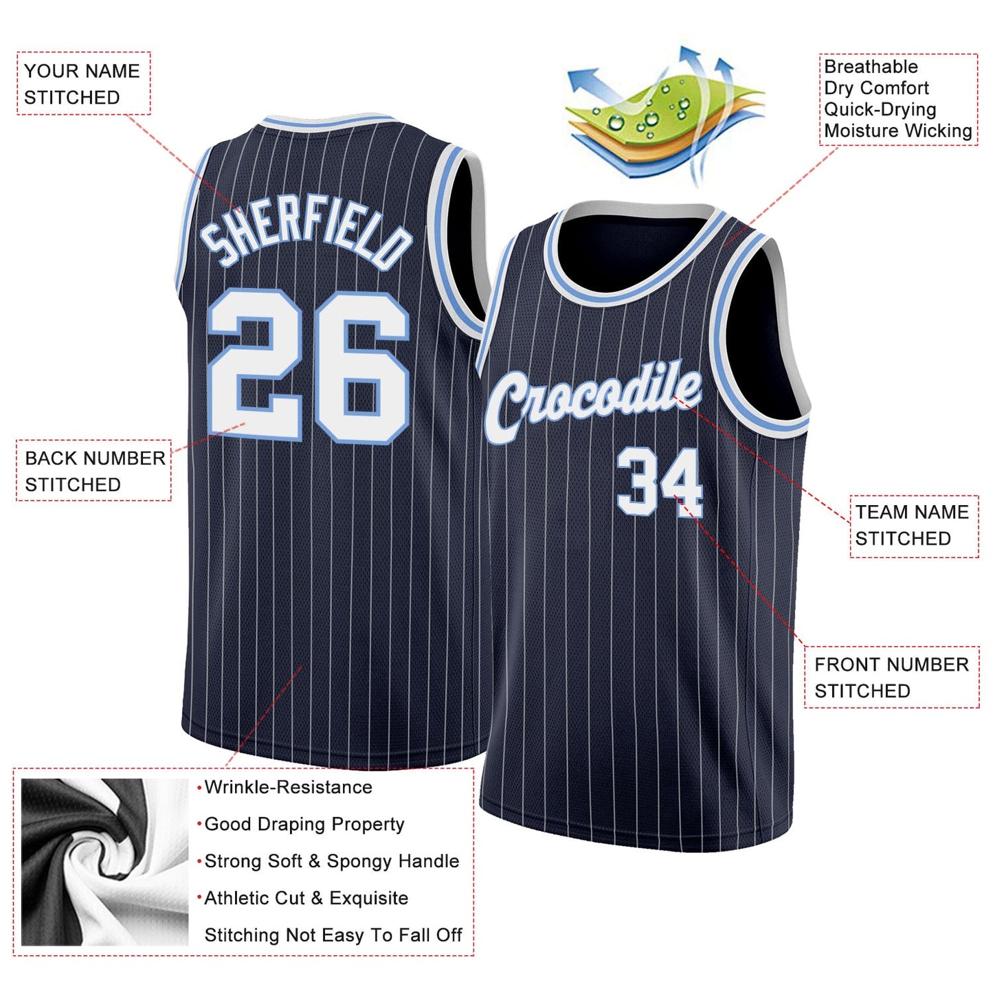 Custom Navy White Pinstripe White-Light Blue Authentic Basketball Jersey view 2