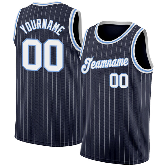 Custom Navy White Pinstripe White-Light Blue Authentic Basketball Jersey - Main View