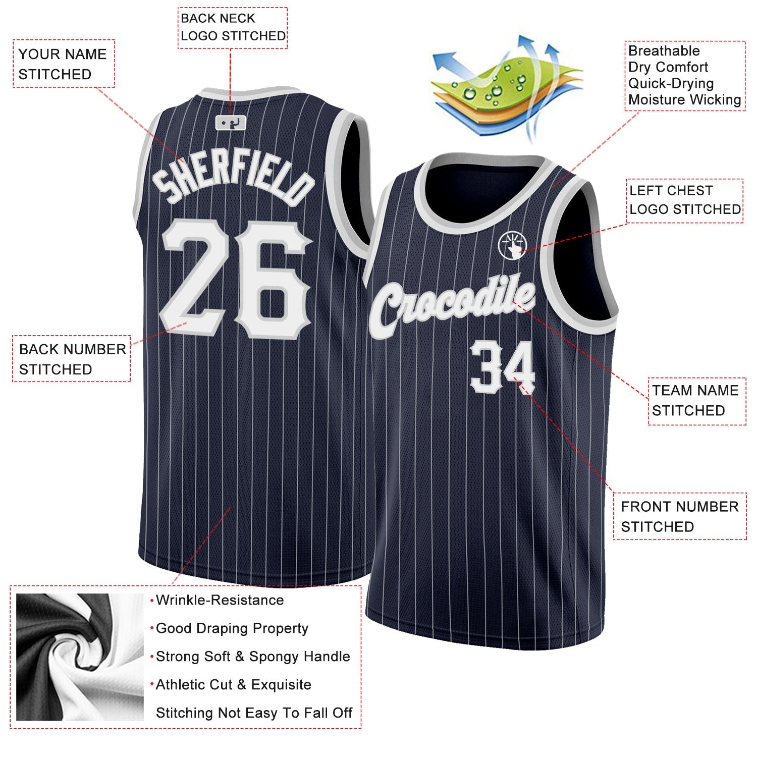 Custom Navy White Pinstripe White-Gray Authentic Basketball Jersey view 2