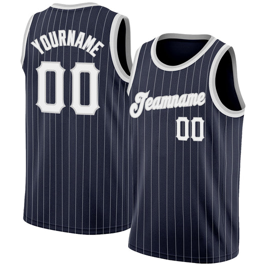 Custom Navy White Pinstripe White-Gray Authentic Basketball Jersey - Main View