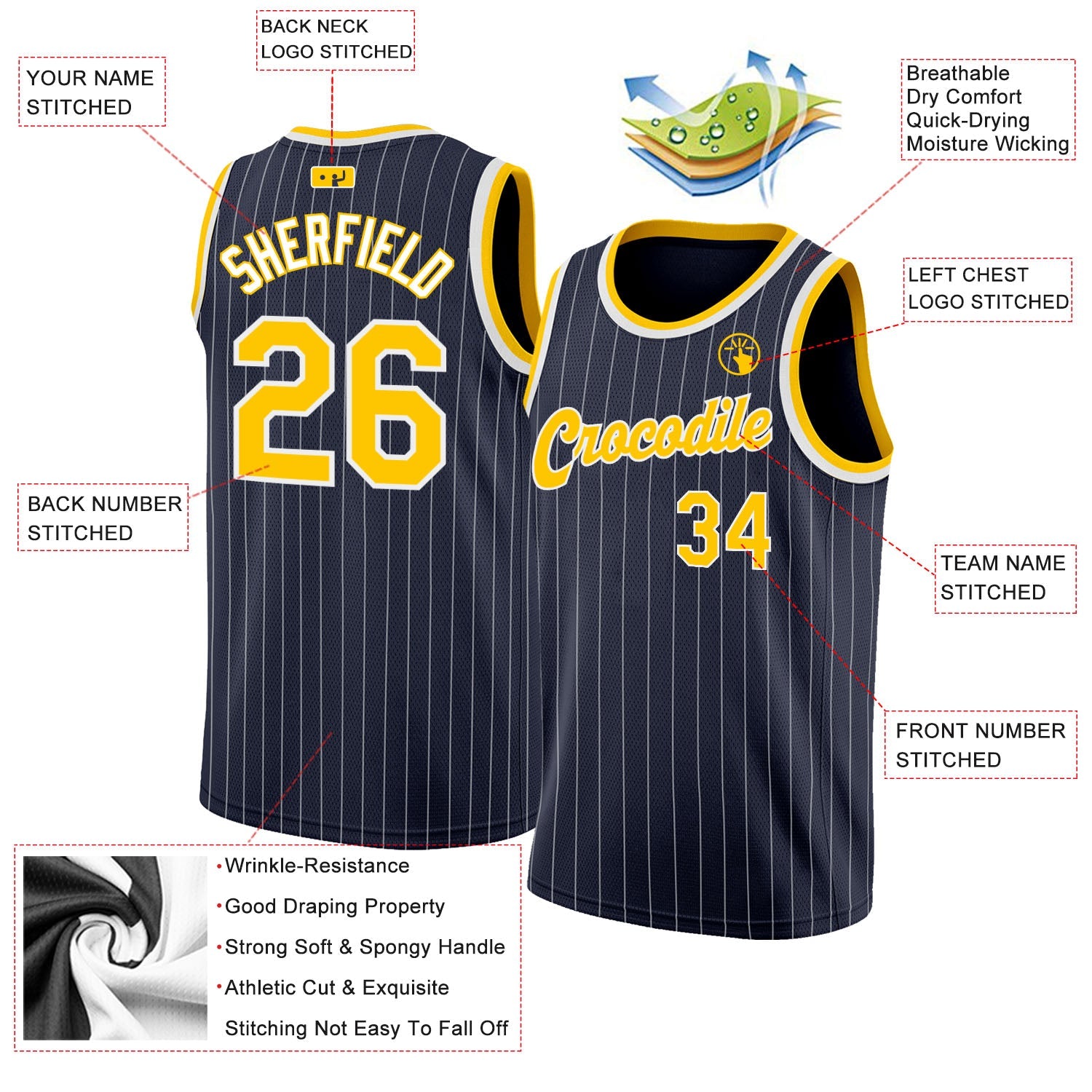 Custom Navy White Pinstripe Gold-White Authentic Basketball Jersey view 2