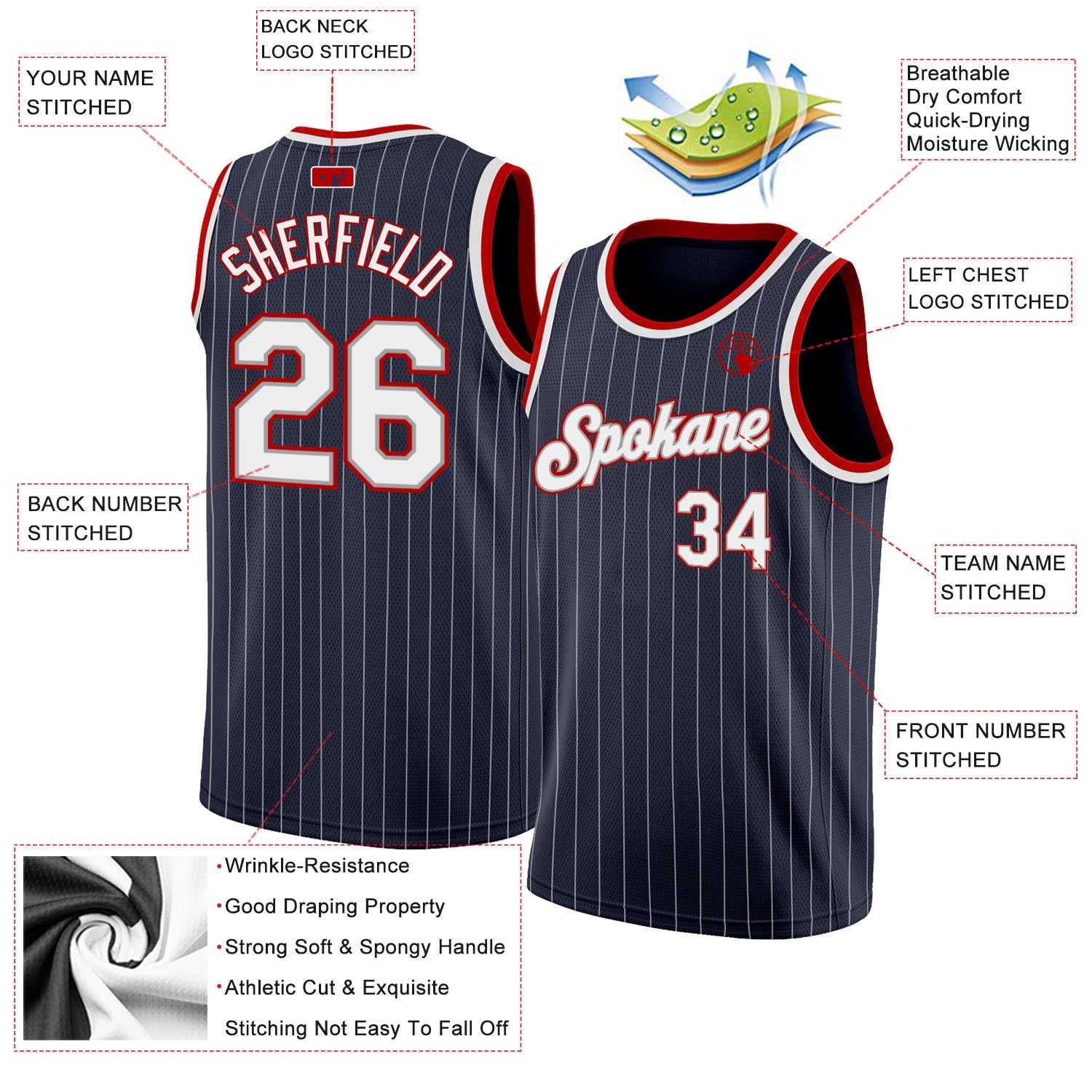Custom Navy White Pinstripe White-Red Authentic Basketball Jersey view 2
