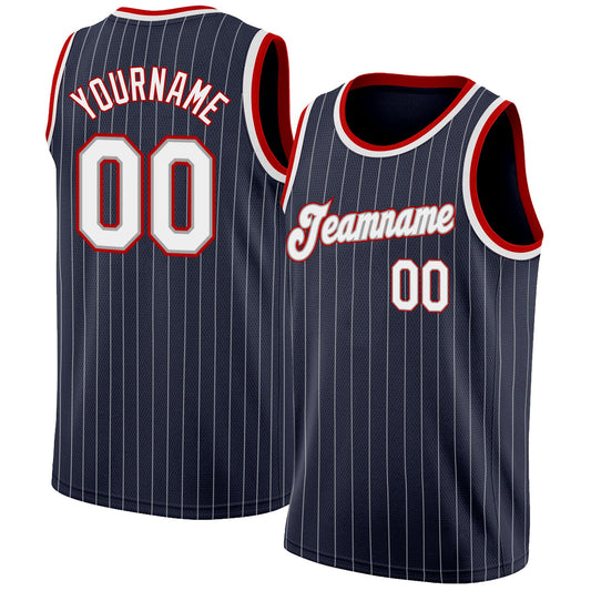 Custom Navy White Pinstripe White-Red Authentic Basketball Jersey - Main View