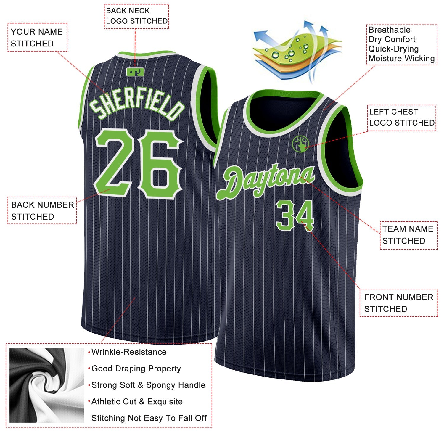 Custom Navy White Pinstripe Neon Green-White Authentic Basketball Jersey view 2
