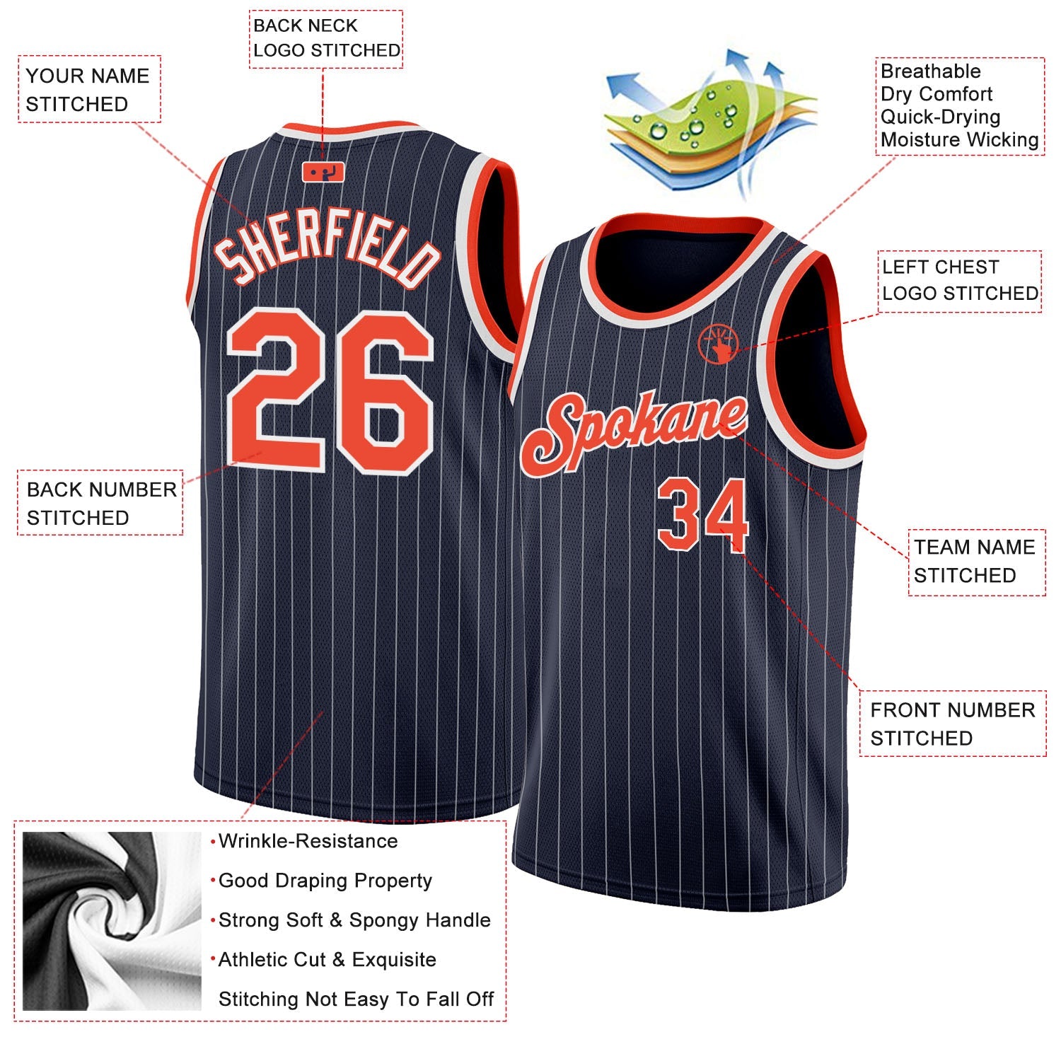Custom Navy White Pinstripe Orange-White Authentic Basketball Jersey view 2