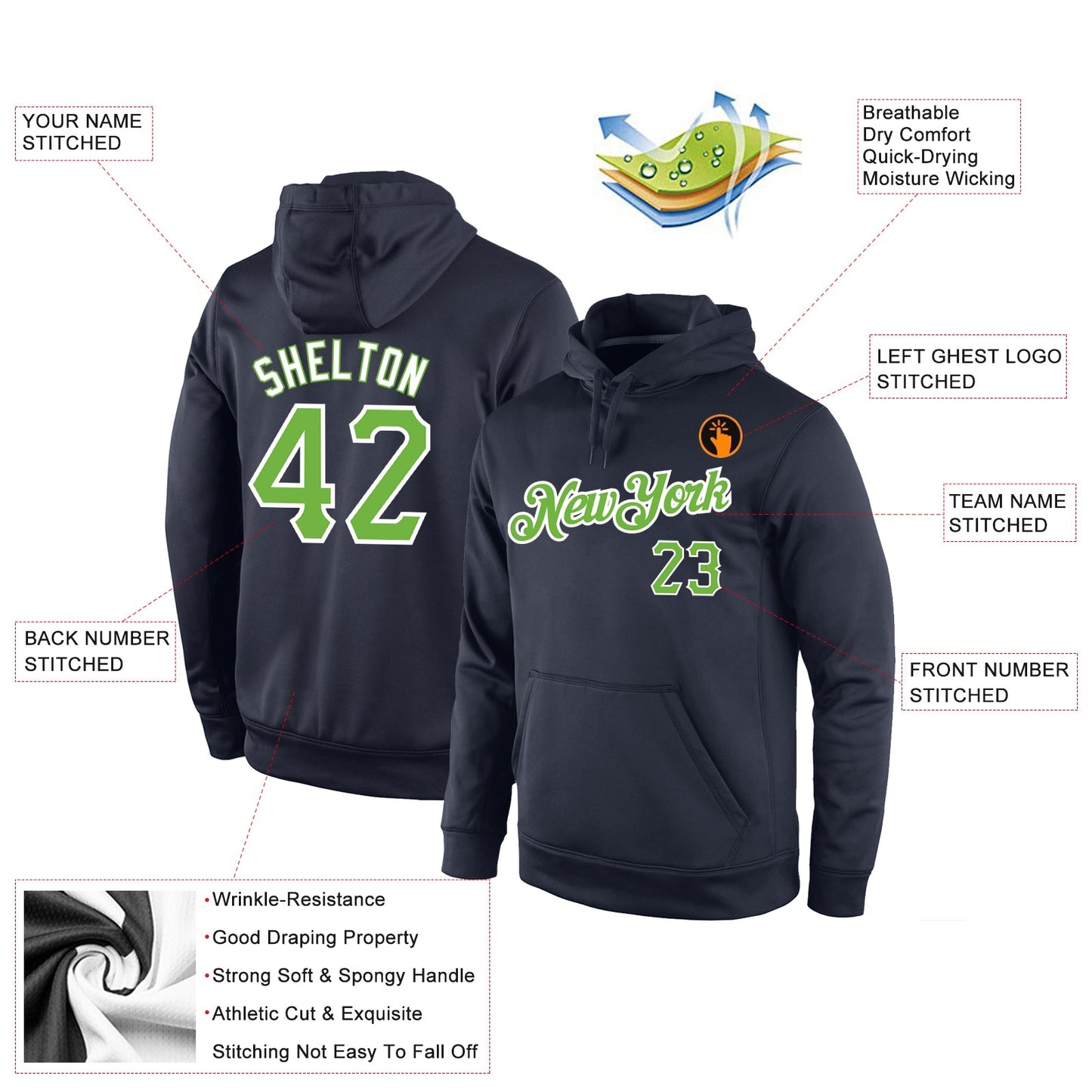 Custom Stitched Navy Neon Green-White Sports Pullover Sweatshirt Hoodie view 4