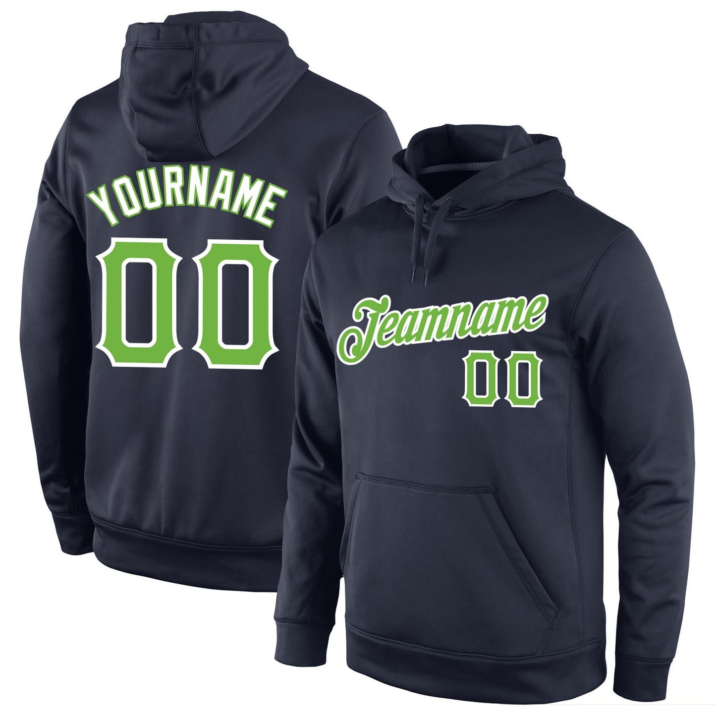 Custom Stitched Navy Neon Green-White Sports Pullover Sweatshirt Hoodie - Main View
