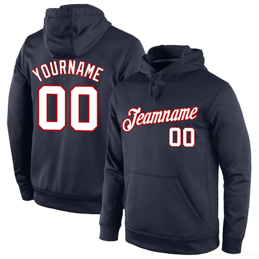 Custom Stitched Navy White-Red Sports Pullover Sweatshirt Hoodie - Main View