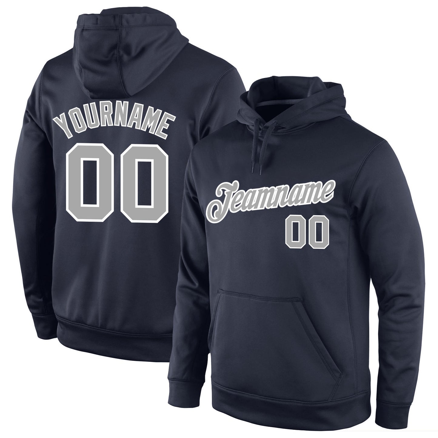 Custom Stitched Navy Gray-White Sports Pullover Sweatshirt Hoodie - Main View