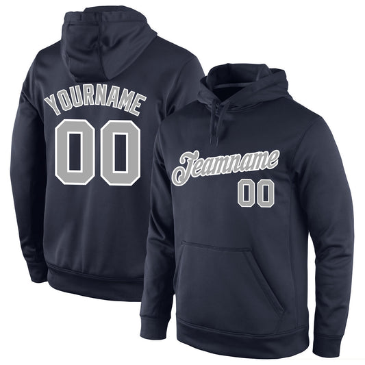 Custom Stitched Navy Gray-White Sports Pullover Sweatshirt Hoodie - Main View