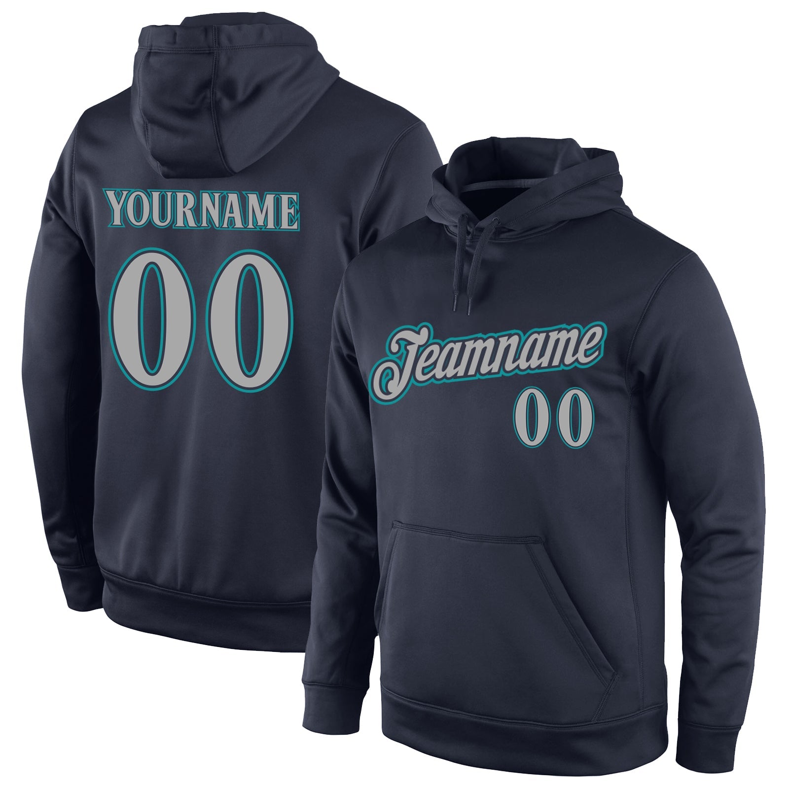 Custom Stitched Navy Gray-Aqua Sports Pullover Sweatshirt Hoodie - Main View