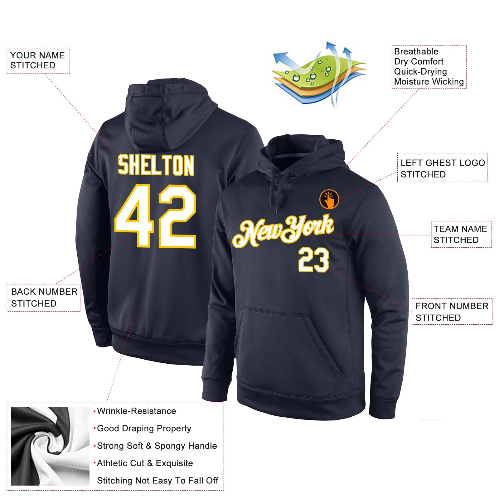 Custom Stitched Navy White-Gold Sports Pullover Sweatshirt Hoodie view 4