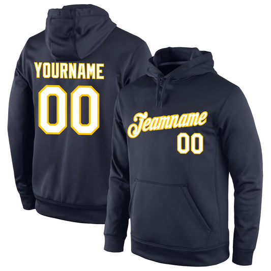 Custom Stitched Navy White-Gold Sports Pullover Sweatshirt Hoodie - Main View