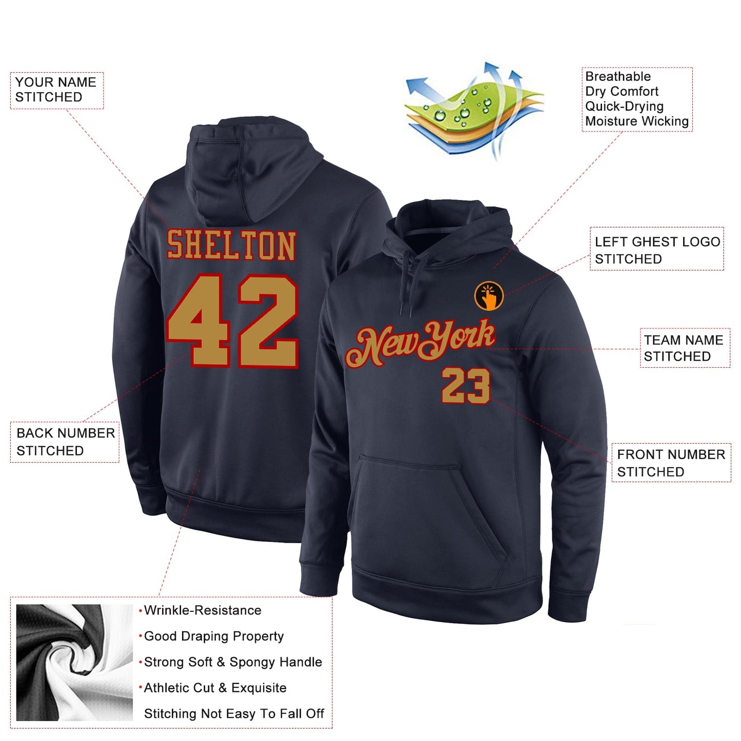 Custom Stitched Navy Old Gold-Red Sports Pullover Sweatshirt Hoodie view 4