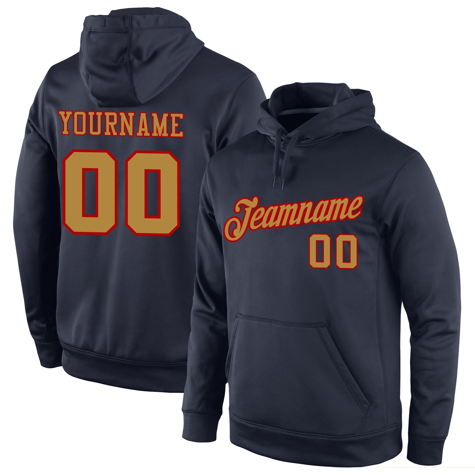 Custom Stitched Navy Old Gold-Red Sports Pullover Sweatshirt Hoodie - Main View
