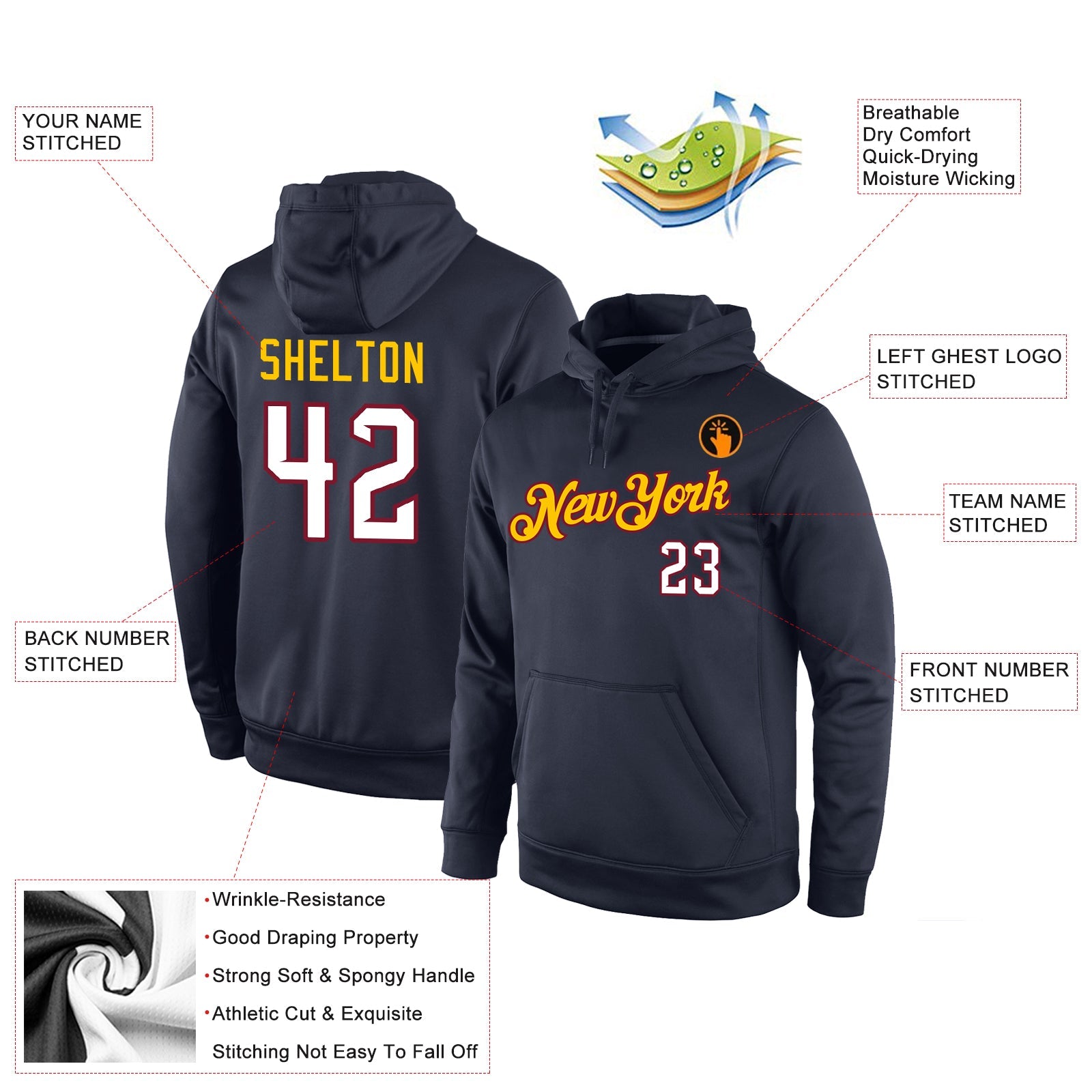 Custom Stitched Navy White-Gold Sports Pullover Sweatshirt Hoodie view 4