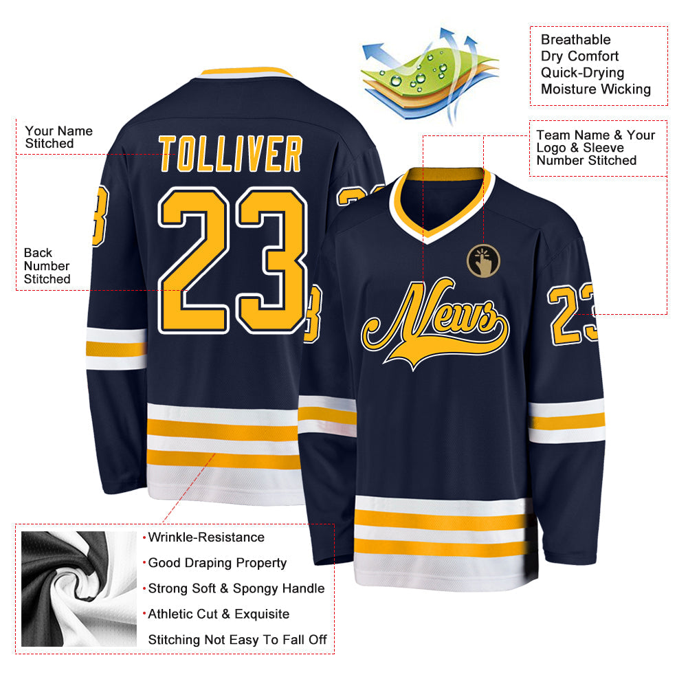 Custom Navy Gold-White Hockey Jersey view 4
