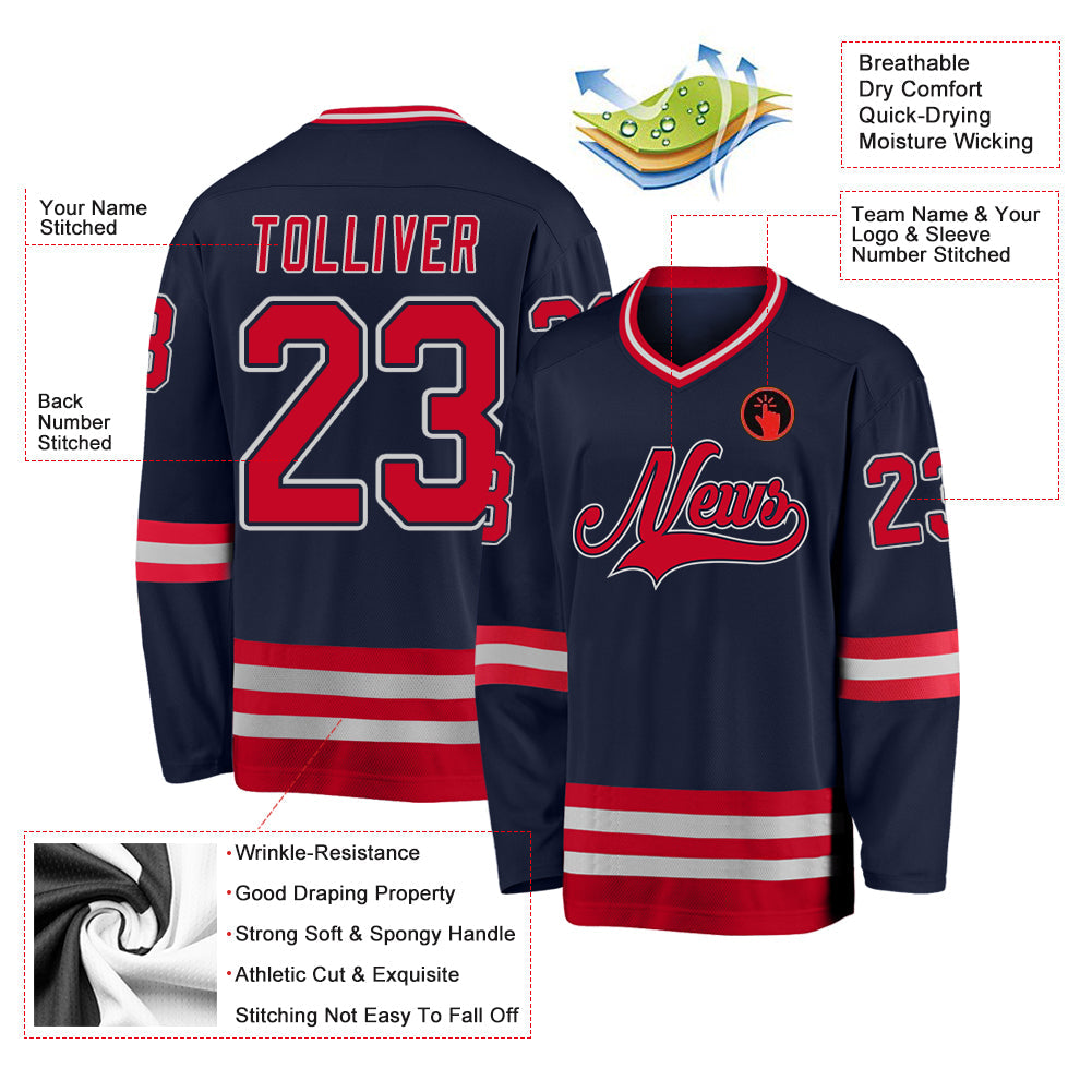 Custom Navy Red-Gray Hockey Jersey view 4