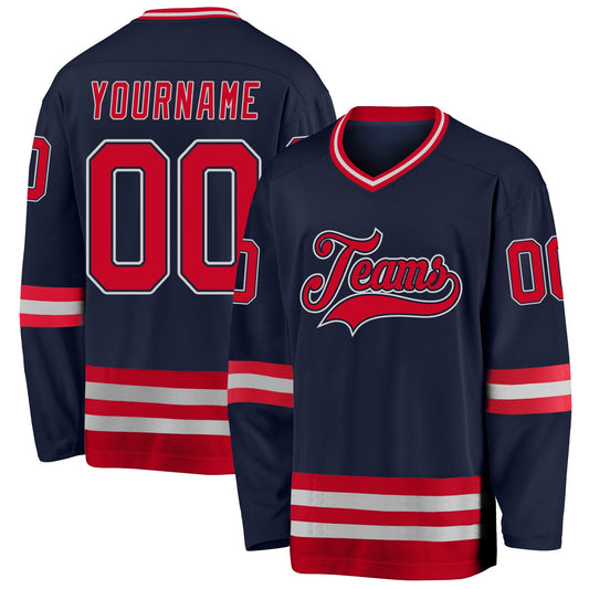Custom Navy Red-Gray Hockey Jersey - Main View