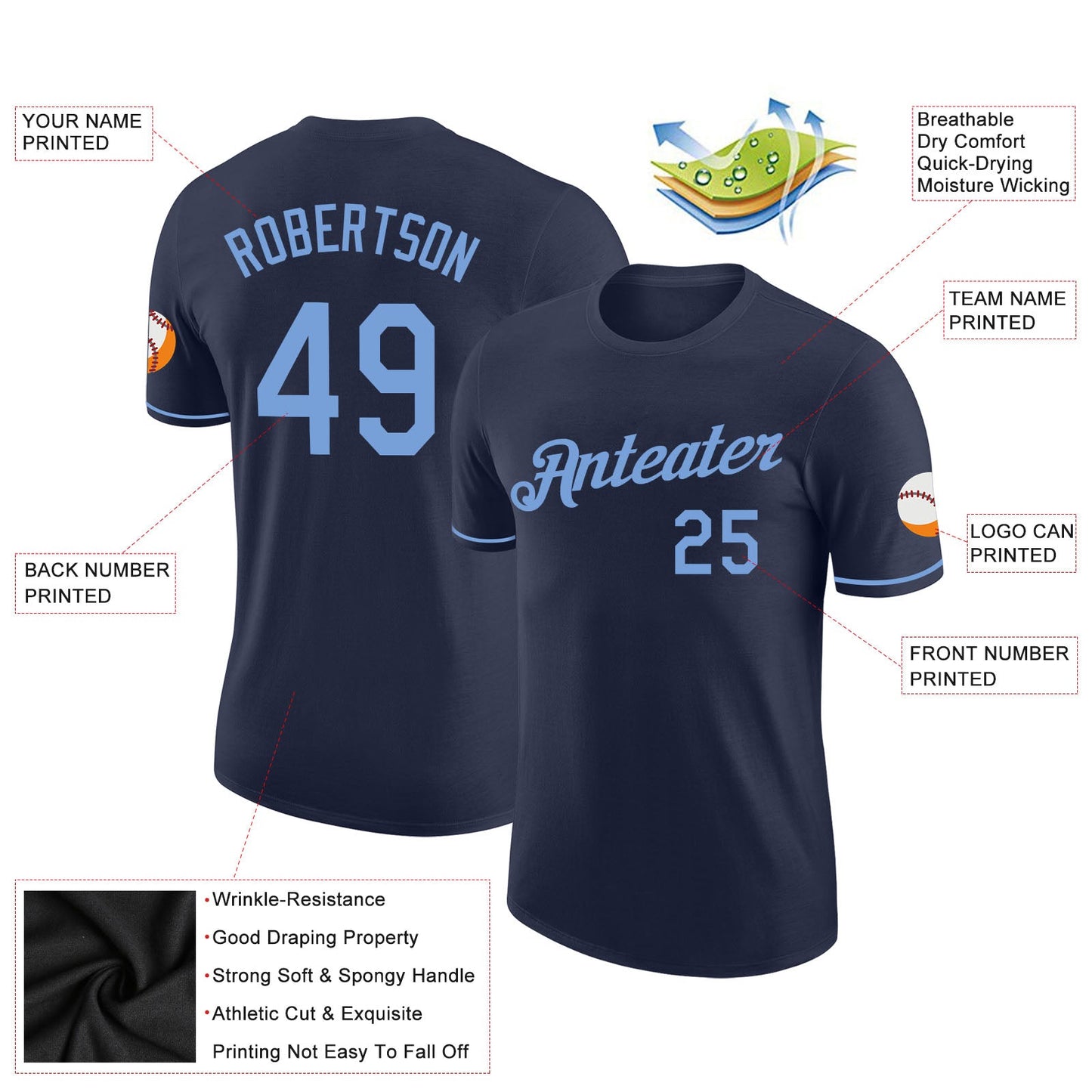 Custom Navy Light Blue Performance T-Shirt view 2