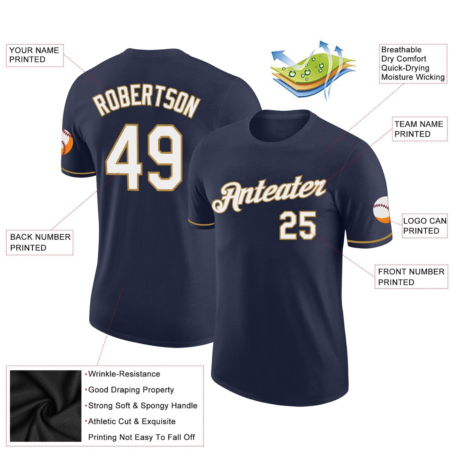 Custom Navy White-Old Gold Performance T-Shirt view 2