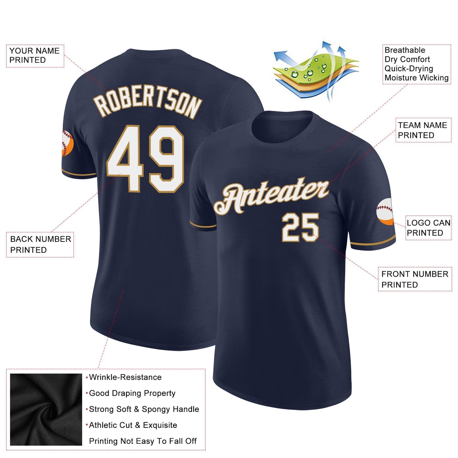 Custom Navy White-Old Gold Performance T-Shirt view 2