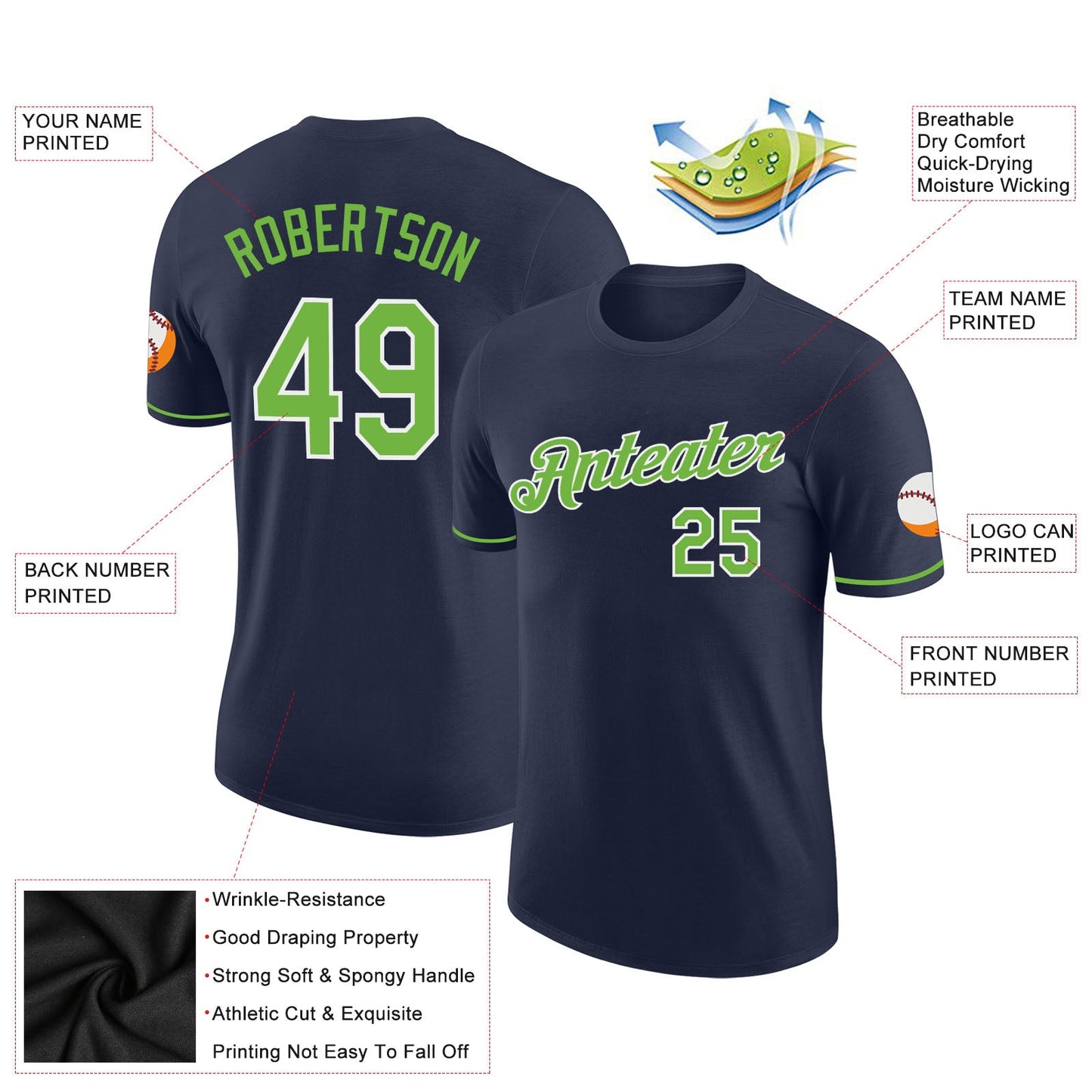 Custom Navy Neon Green-White Performance T-Shirt view 3