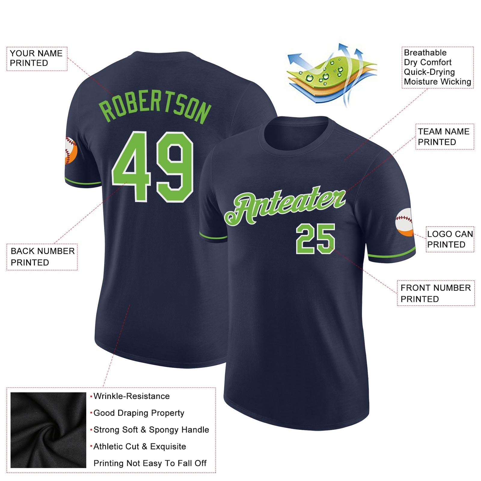 Custom Navy Neon Green-White Performance T-Shirt view 3